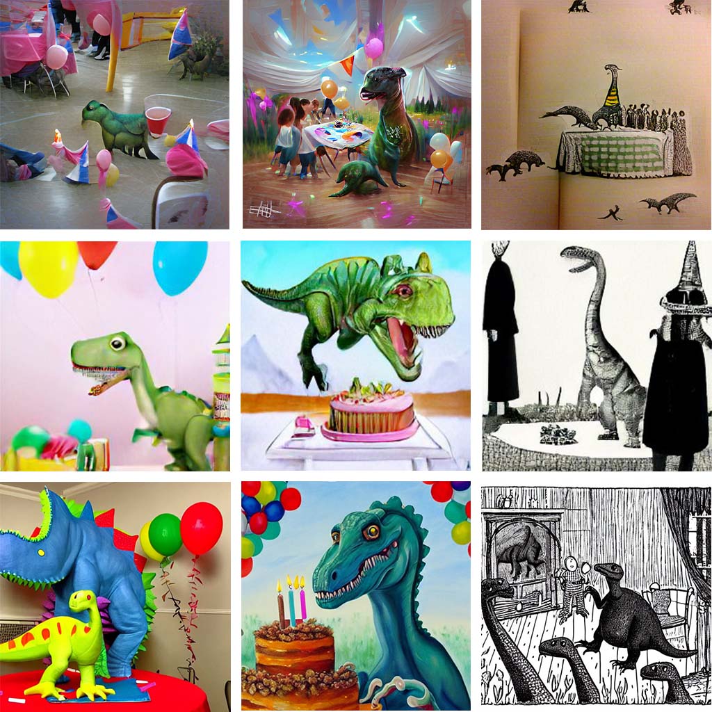 Nine images comparing the output of the three different AI models. The images of dinosaurs at birthday parties become increasingly coherent and well-stylized in each row.