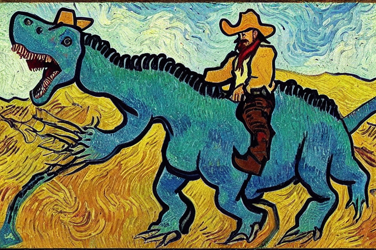 An AI-generated painting of a cowboy riding a dinosaur, fairly convincingly rendered in van Gogh's impressionistic style.