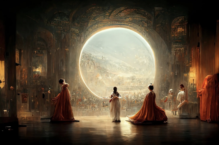 A futuristic painting in which lavishly dressed figures stand before a large, light-filled opening onto an imaginary city.